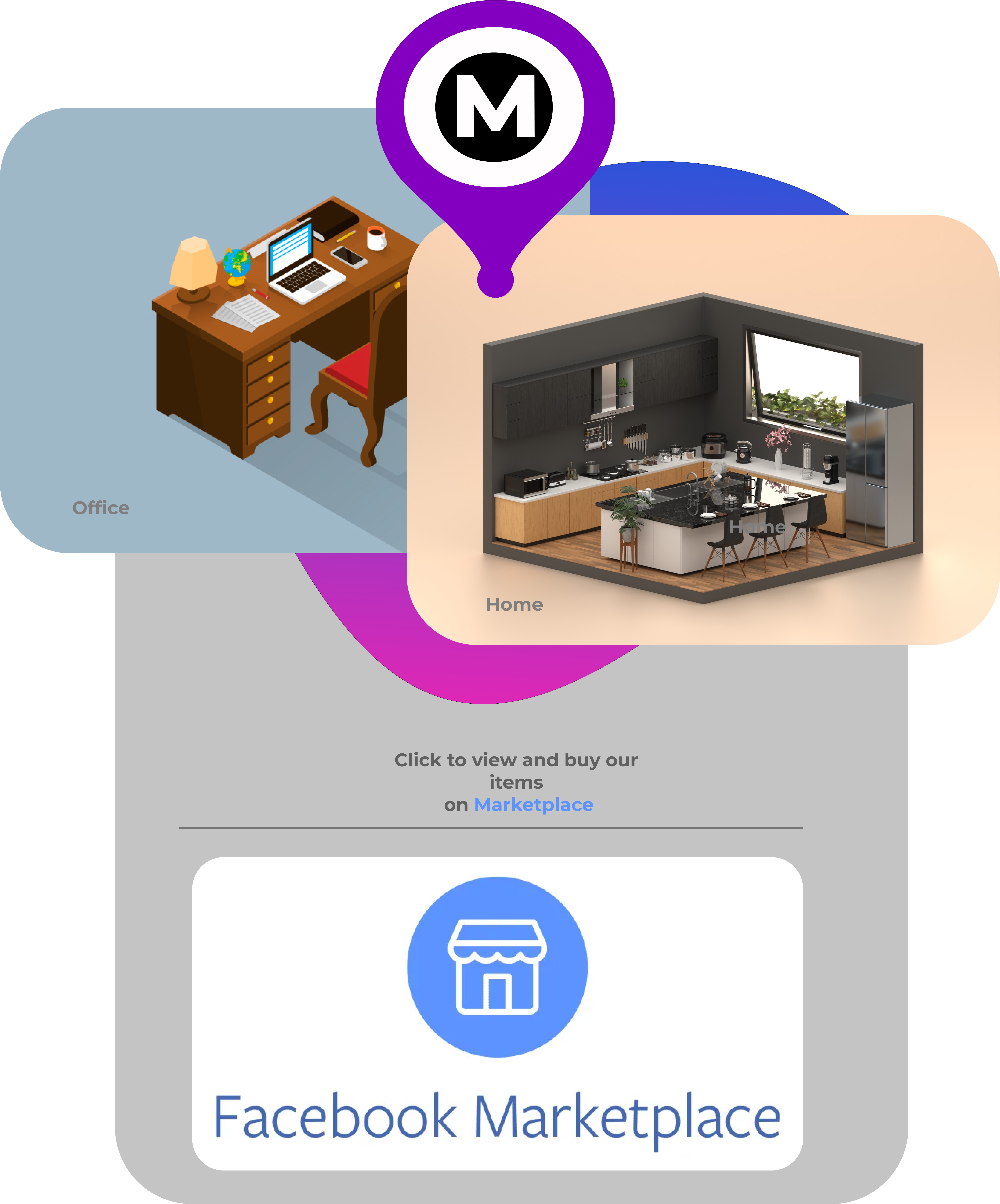 A modern animation with cards displaying isometric animation, furniture and an a kitchen with our logo on top as well as facebook market at the bottom. 